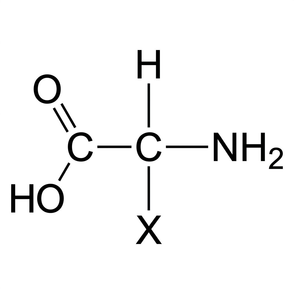 A generalized amino acid structural diagram with an alpha carbon in the centre, one labelled variable side chain X, and the other attachments shown but not named.