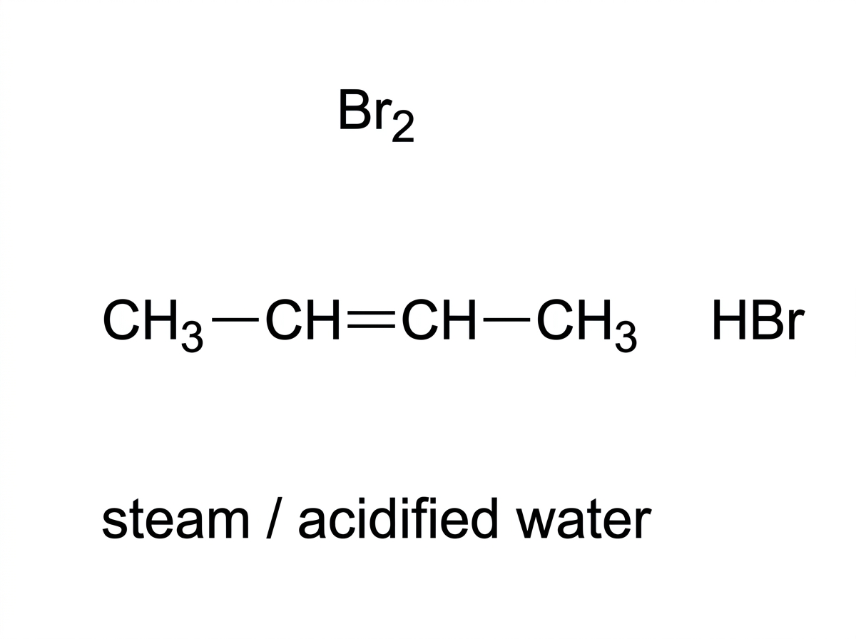 A displayed structural formula of but-2-ene showing the C=C bond between the two central carbon atoms. Reagent labels Br2, HBr and steam/acidified water should be shown separately around the structure, without products or reaction arrows that reveal regiochemistry.