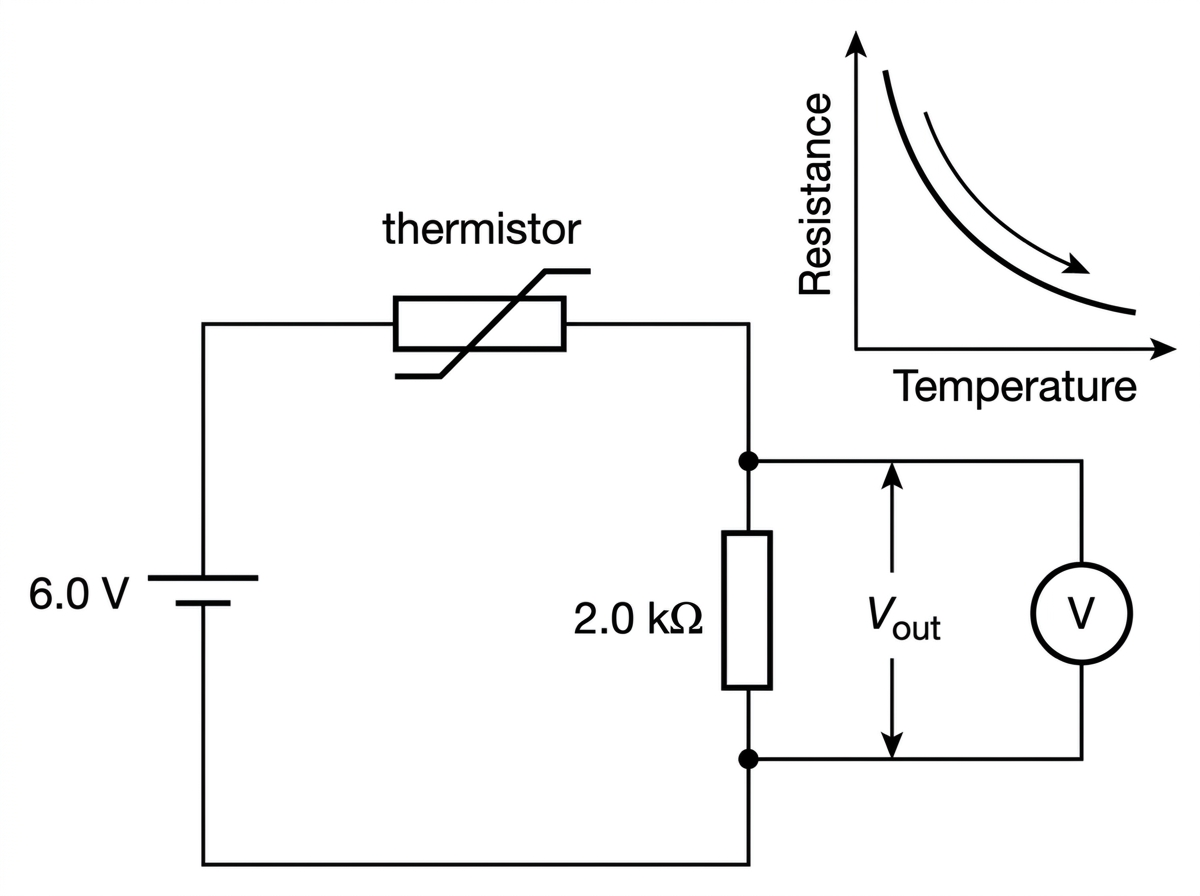 A potential divider circuit with a dc supply, a thermistor and a fixed resistor in series. The output voltage is labelled across the fixed resistor. A small graph or inset indicates that the thermistor resistance decreases as temperature increases, without giving exact data points.