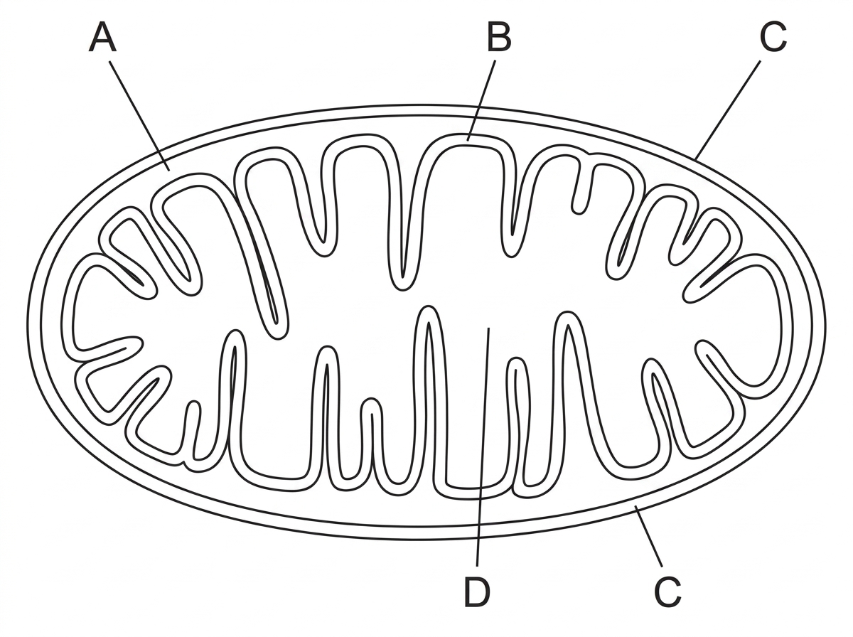 A labelled outline diagram of a mitochondrion showing the outer membrane, inner membrane folded into numerous cristae, narrow intermembrane space and matrix. Labels should identify regions by letters only, not by names, so students infer structure-function relationships from the diagram.