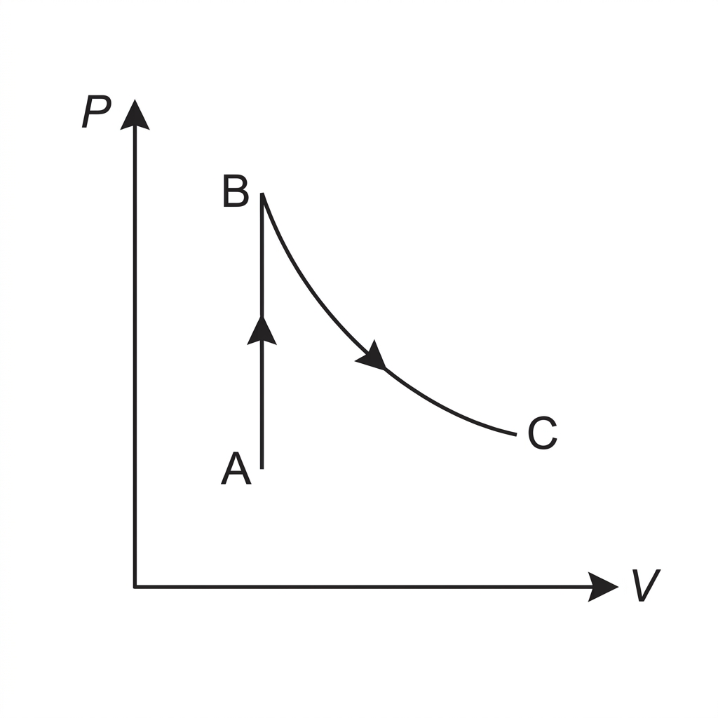 P–V diagram with A to B as a vertical line at constant volume and B to C as a downward curving expansion path labelled as occurring at constant temperature, but without giving the process names.