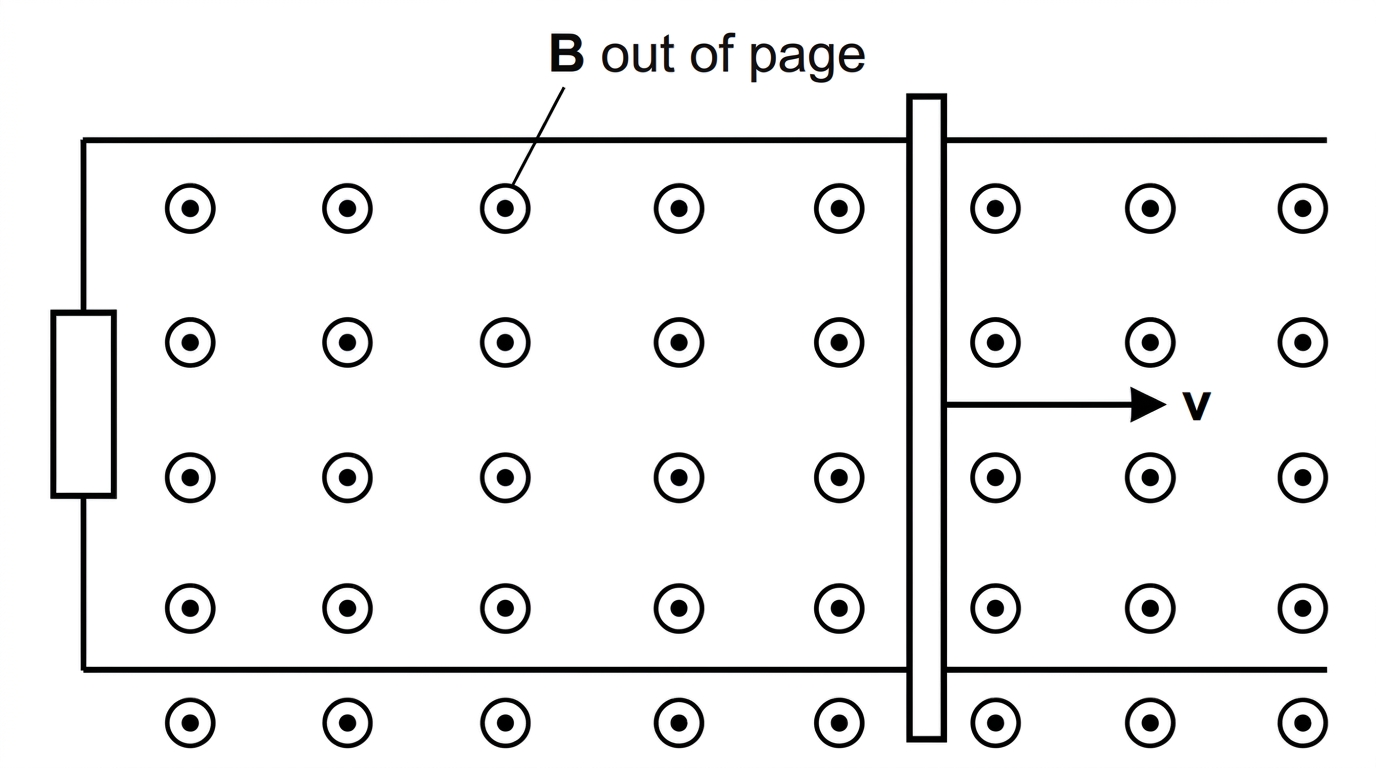 Diagram of a horizontal conducting rod sliding right on two parallel rails connected by a resistor, with a uniform magnetic field out of the page.