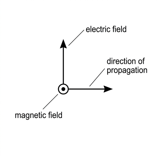 A three-dimensional axis-style diagram. An arrow labelled direction of propagation points horizontally to the right. A sinusoidal electric field vector or wave is drawn vertically. A sinusoidal magnetic field vector or wave is drawn perpendicular to both the propagation direction and the electric field, into and out of the page. All labels are clear and styling matches the other options.