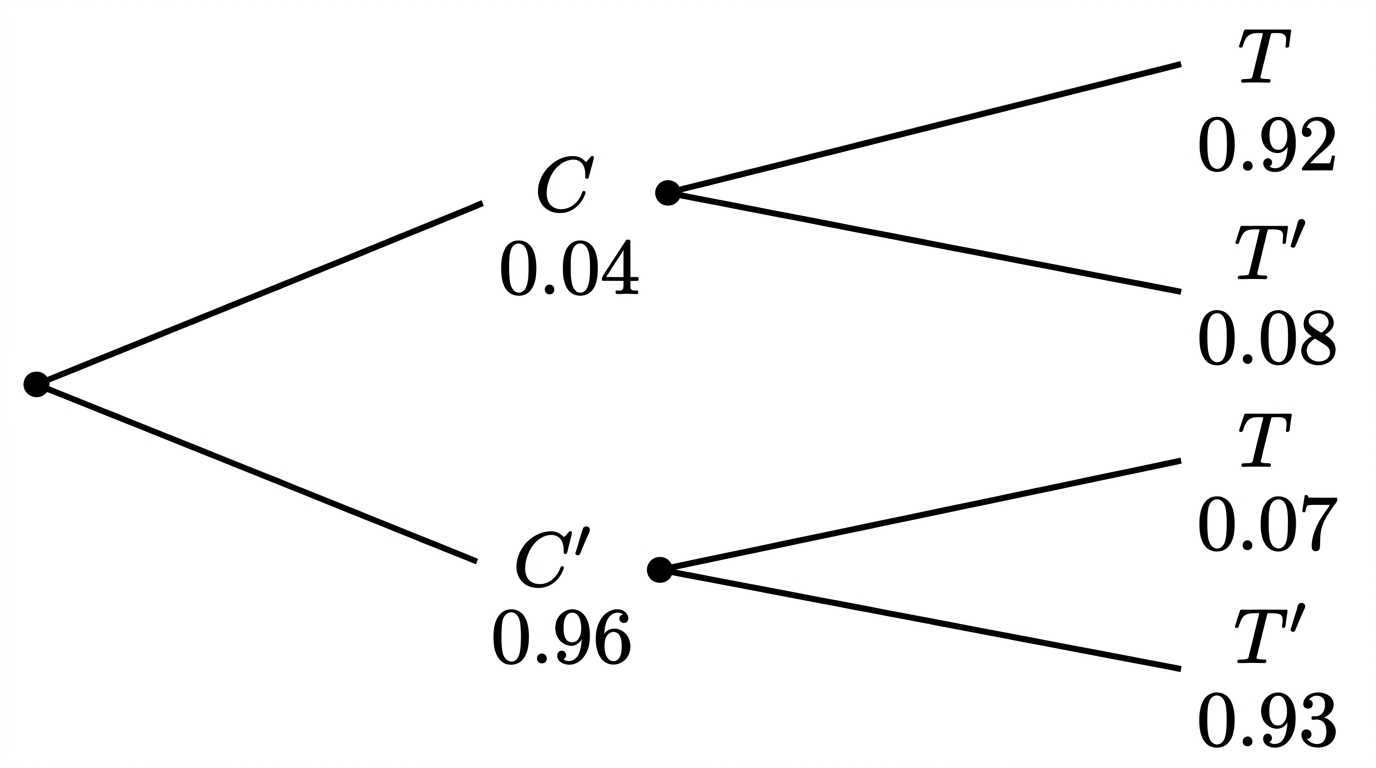 A probability tree beginning with condition C and no condition C', followed by positive result T and negative result T' branches. Branches are labelled with the probabilities stated in the question.