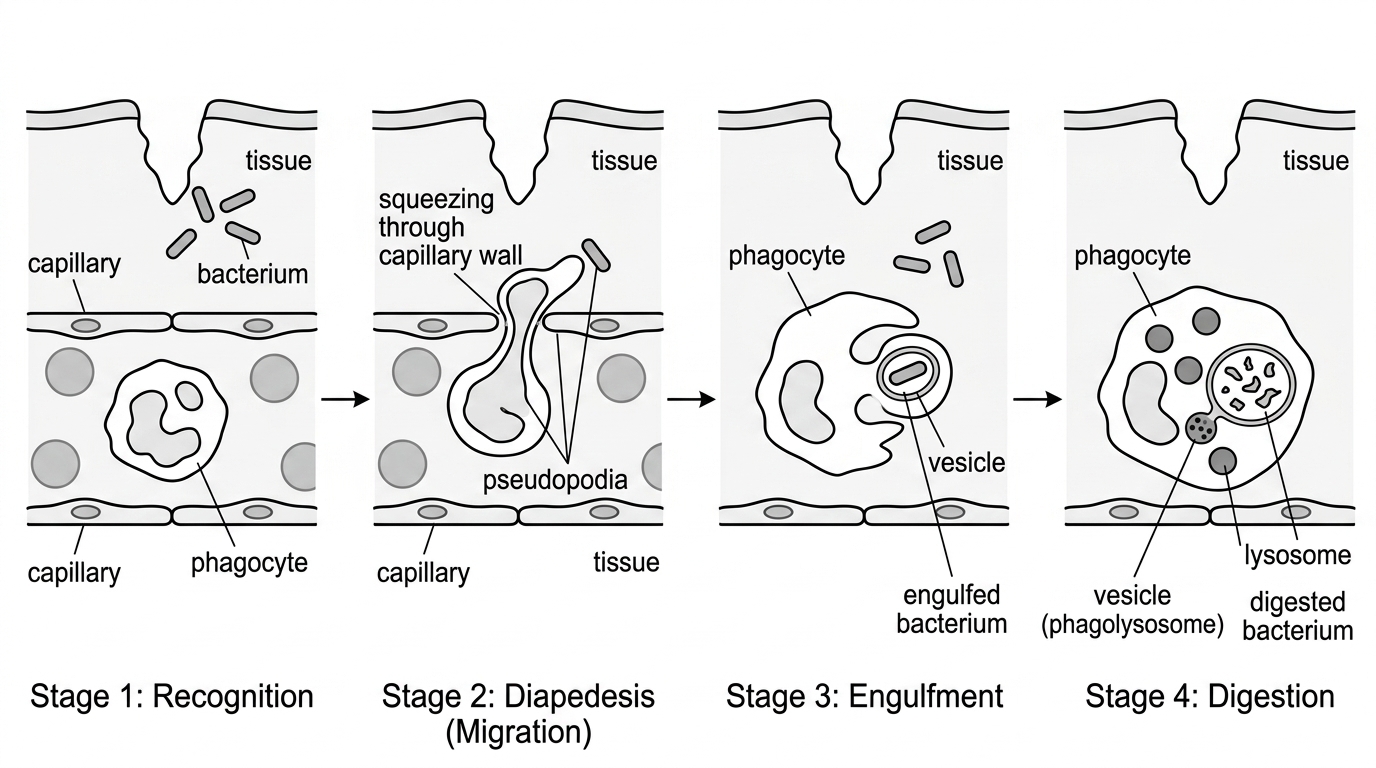 A sequence diagram showing a phagocyte leaving a capillary, moving through tissue toward bacteria, enclosing one bacterium in a vesicle and digesting it after fusion with lysosomes. Labels identify phagocyte, bacterium, vesicle and lysosome, without giving explanatory text.