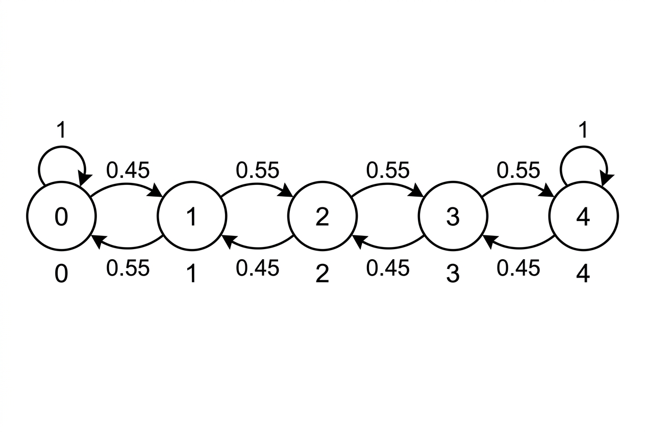 A transition diagram with five nodes arranged in order from 0 to 4, with each state label shown only inside its node. States 0 and 4 have self-loops labelled 1, and no other outgoing arrows. The arrow from state 1 to state 0 is labelled 0.45, while the arrow from state 1 to state 2 is labelled 0.55. Between states 2 and 3, the arrows toward the higher and lower scores are labelled 0.55 and 0.45, respectively. The arrow from state 3 to state 4 is labelled 0.55, and the arrow from state 3 to state 2 is labelled 0.45.