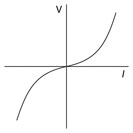 A graph with V on the vertical axis and I on the horizontal axis, origin at the centre. A smooth curve passes through the origin and lies in the first and third quadrants. The curve becomes steeper as it moves away from the origin in both directions, showing increasing gradient with increasing magnitude of current.
