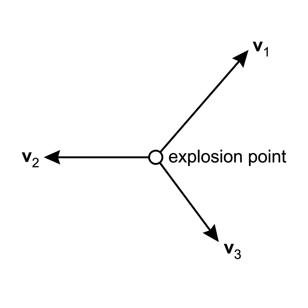 Top-view sketch of a three-fragment explosion from rest, showing three velocity arrows in different directions but no numerical values.