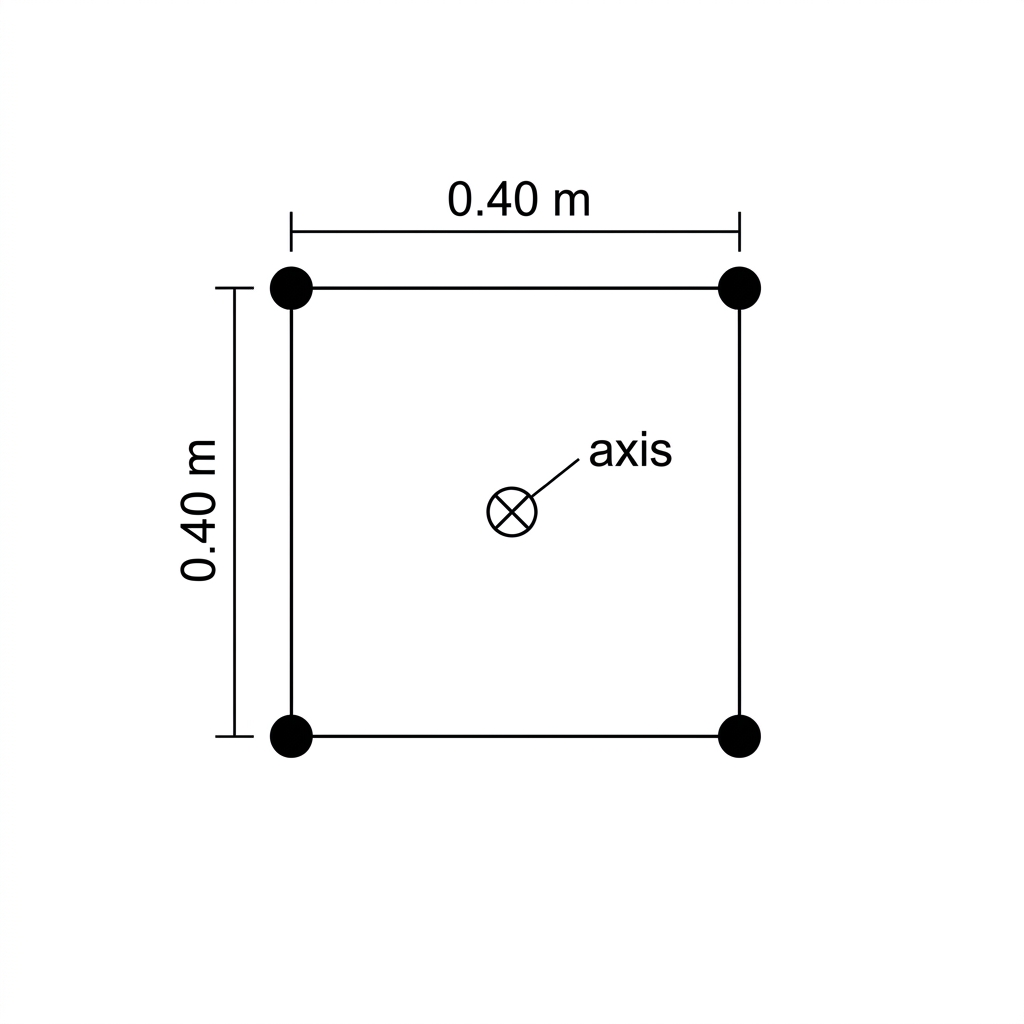 Square frame with equal point masses at all four corners and an axis through the centre perpendicular to the square; side length labelled.