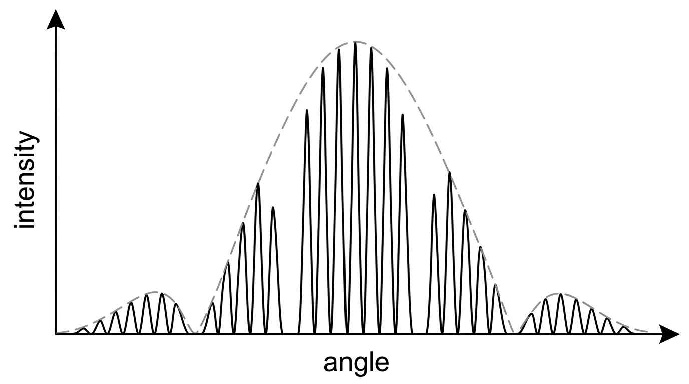 Intensity against angle sketch for real double slit: closely spaced interference fringes under a broad single-slit envelope with some suppressed fringes; no values.