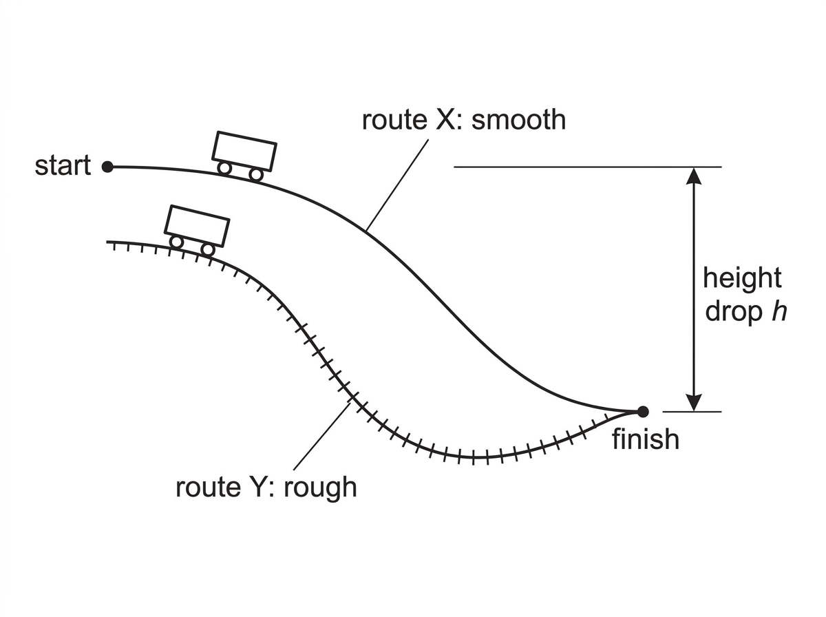 Two tracks between the same upper and lower points: one smooth shorter path and one rough longer path; vertical height drop common to both.