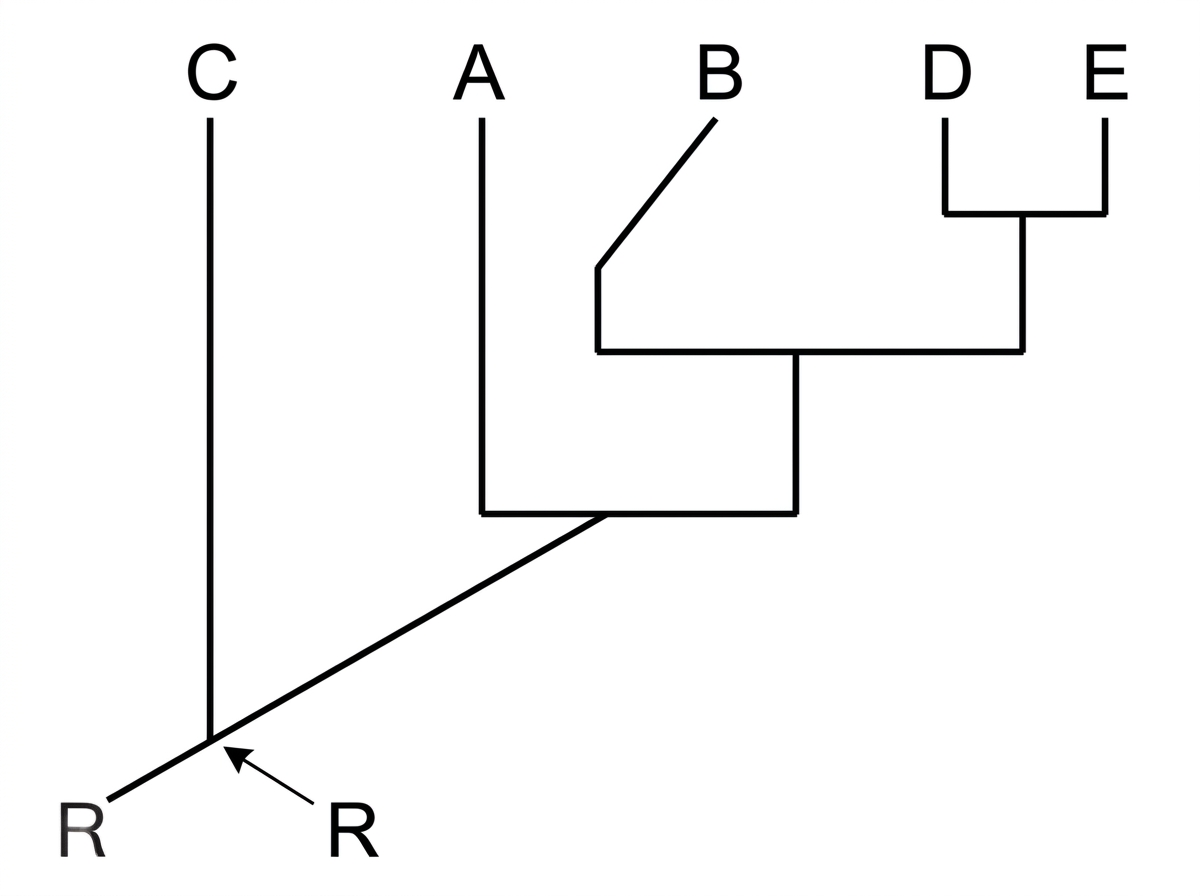 Rooted cladogram with taxa A–E; the root is labelled R at the base, and taxa D and E share the most recent node; terminal labels are arranged with some spacing that could mislead if read left to right.