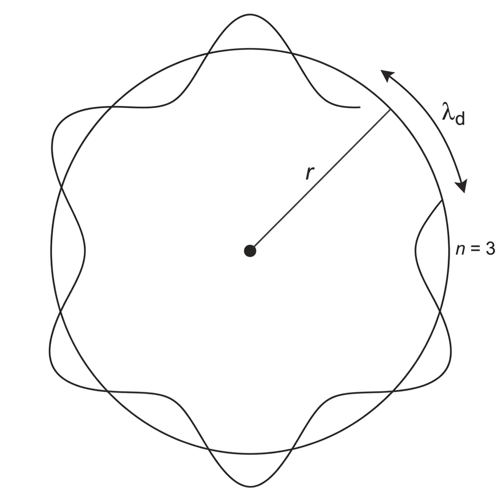 A circular orbit diagram showing an electron wave fitted around the circumference of an orbit. The diagram should indicate an integer number of wavelengths around the circumference and label the radius $r$, but should not include the angular momentum formula.