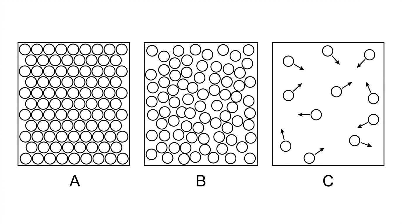 An annotated stimulus with three labelled particle diagrams A, B and C in identical boxes. One diagram shows particles close together in fixed regular positions, one shows particles close together but disordered and able to move past one another, and one shows particles far apart with random motion arrows. No state names are written on the diagrams.