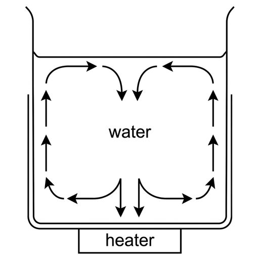 A simple cross-section of a beaker containing water with a small heater centred under the base. Draw arrows in the water showing fluid moving downward above the heater, spreading outward along the bottom, rising near the side walls, and returning inward along the surface. Use the same line weight and arrow style as the other options.