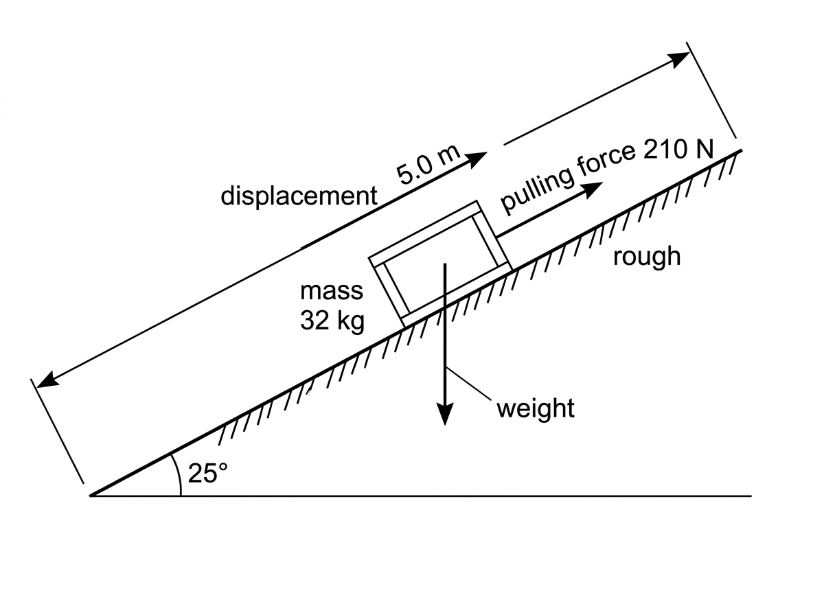Side-view diagram of a crate on an inclined ramp. The ramp is labelled with angle to the horizontal, the crate is on the ramp, an arrow parallel to the ramp points up the slope and is labelled pulling force. A displacement arrow along the ramp points up the slope. Weight is shown vertically downward from the crate. No resolved components are shown.