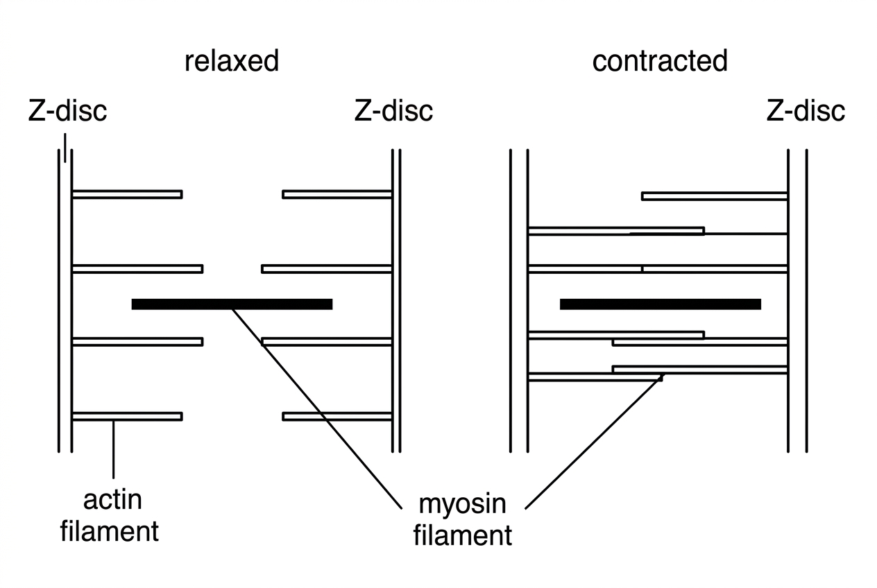 A labelled comparison diagram of a single sarcomere in relaxed and contracted states. Each sarcomere is bounded by Z-discs, with thin actin filaments extending inward from the Z-discs and thick myosin filaments in the centre. The contracted sarcomere should show Z-discs closer together and increased overlap between actin and myosin, while the thick filament region remains the same length. Labels should include Z-disc, actin filament and myosin filament, without adding explanatory text about the answer.