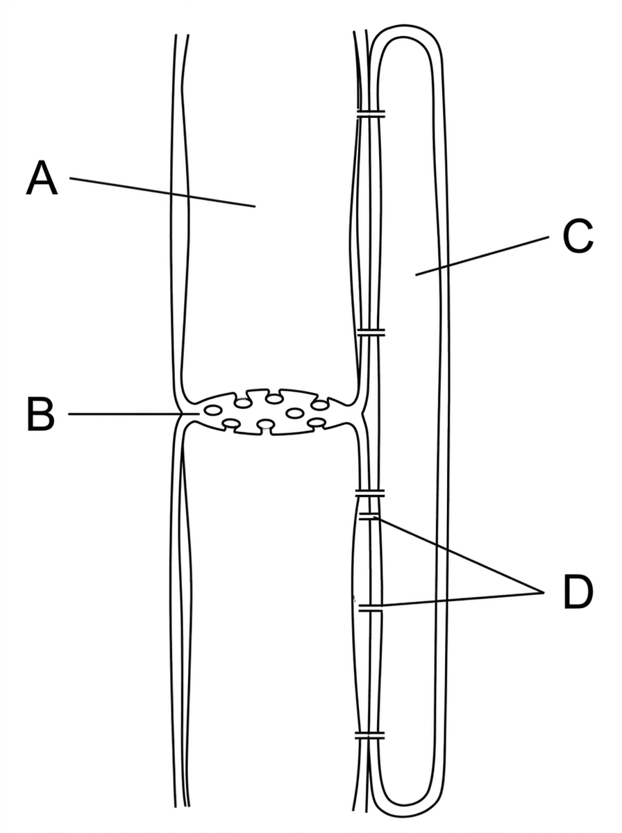 Diagram of two sieve tube elements joined end to end with a sieve plate and an adjacent companion cell connected by plasmodesmata; labels are letters only.