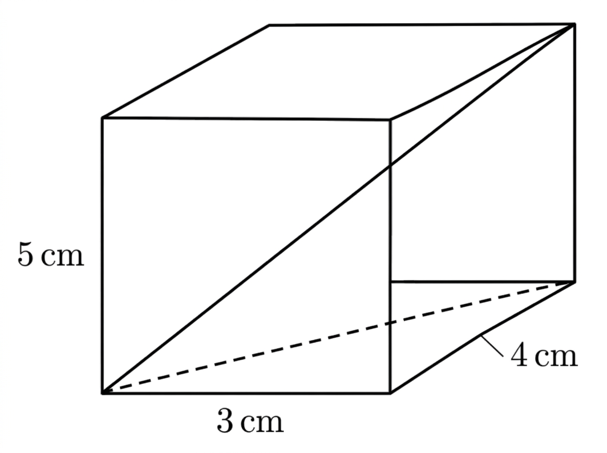 A rectangular cuboid labelled with length $3\text{ cm}$, width $4\text{ cm}$ and height $5\text{ cm}$. A space diagonal is drawn from a lower front vertex to the opposite upper back vertex. The projection of this diagonal onto the base rectangle is also shown.
