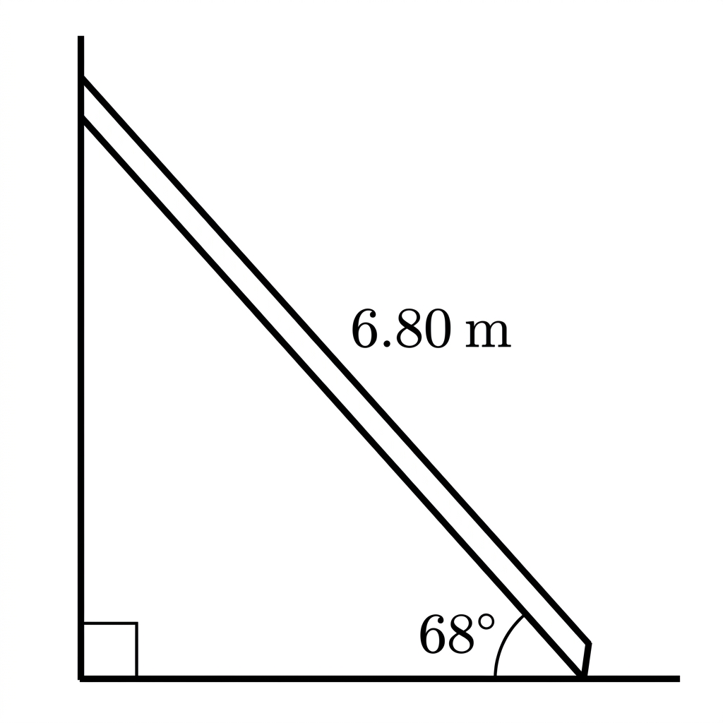 A right-angled triangle representing a ladder against a vertical wall. The wall and horizontal ground meet at a right angle, the ladder is the hypotenuse, and the angle between the ladder and the ground is labelled. The ladder length is indicated.