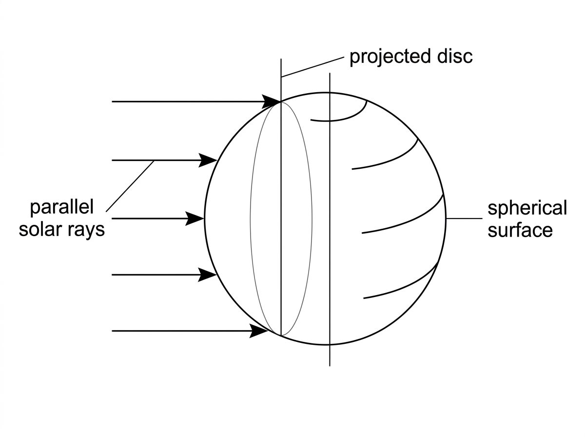 Diagram of parallel solar rays incident on a spherical planet, showing the circular projected disc and the full spherical surface concept without numerical values.
