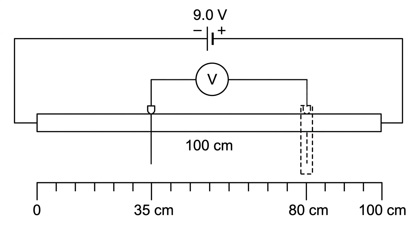 A potentiometer circuit showing a uniform resistance track connected across a $9.0\ \text{V}$ dc supply. The negative terminal is connected to one end of the track and the positive terminal to the other. A movable slider contacts the track and an output voltmeter is connected between the slider and the negative end. Distances along the track from the negative end are indicated.