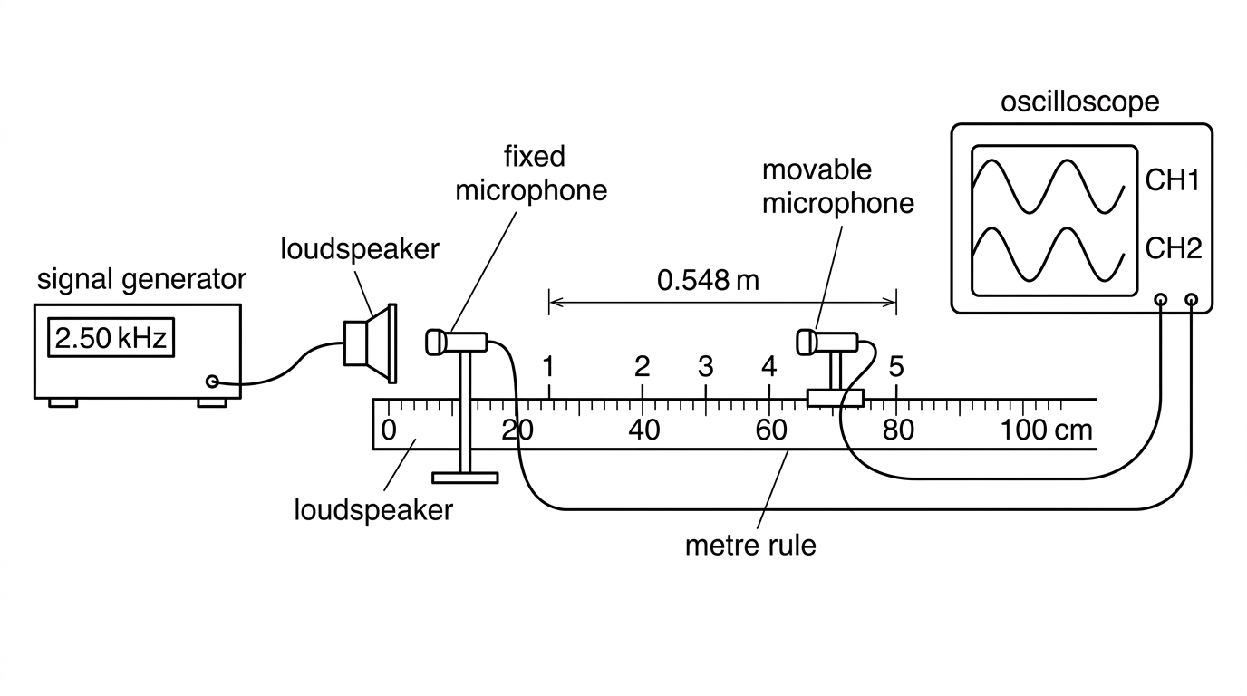 Laboratory arrangement showing a loudspeaker connected to a signal generator, two microphones in line with the loudspeaker and connected to a dual-trace oscilloscope. One microphone is fixed and the other can slide along a metre rule. The oscilloscope screen shows two sinusoidal traces that can be compared for phase.