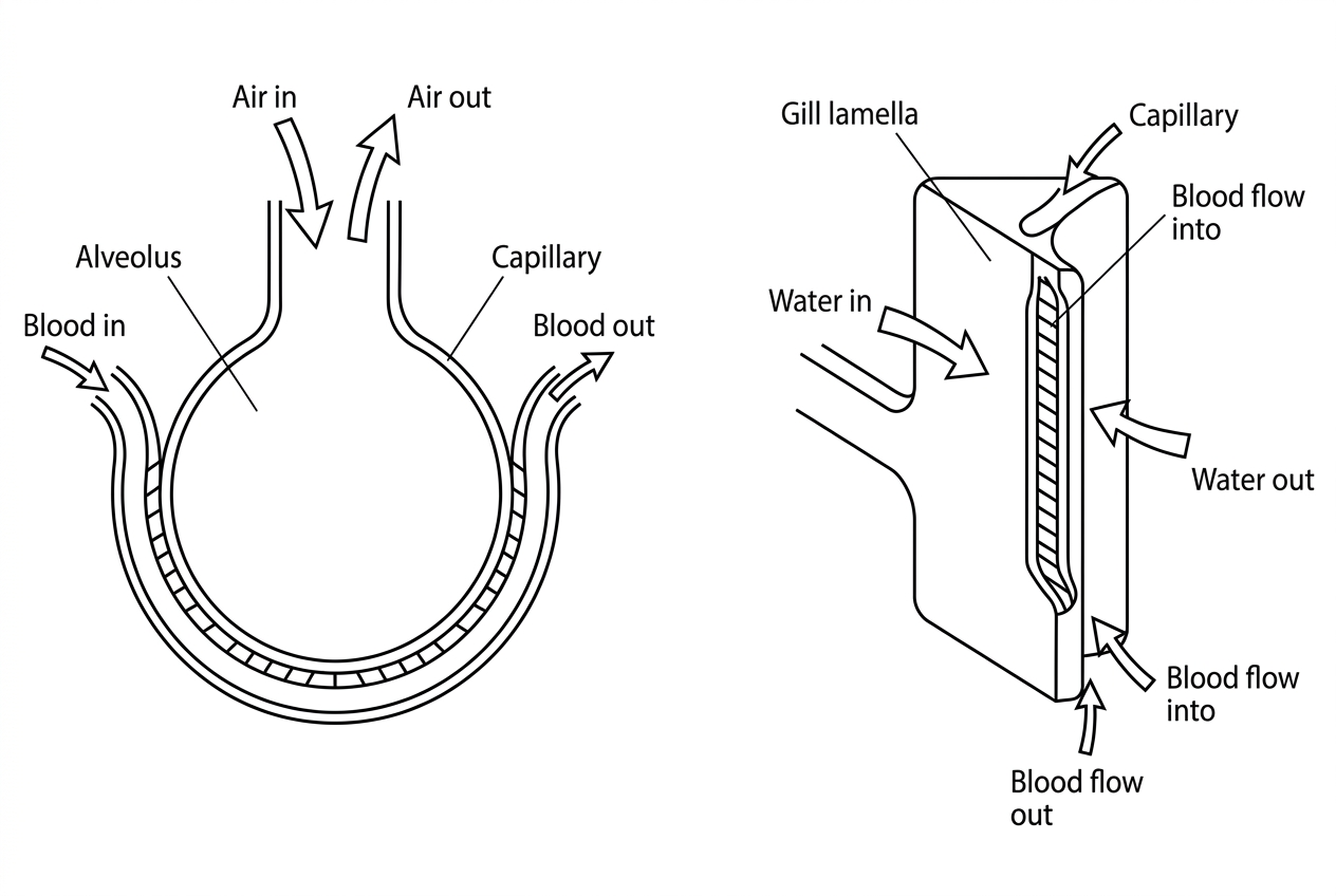 A two-panel diagram. One panel shows an alveolus with nearby capillary blood flow and air movement into and out of the lung. The other panel shows a fish gill lamella with water flowing over it and blood flowing through capillaries. Arrows should show movement of air or water and blood, without adding explanatory text about gradients.