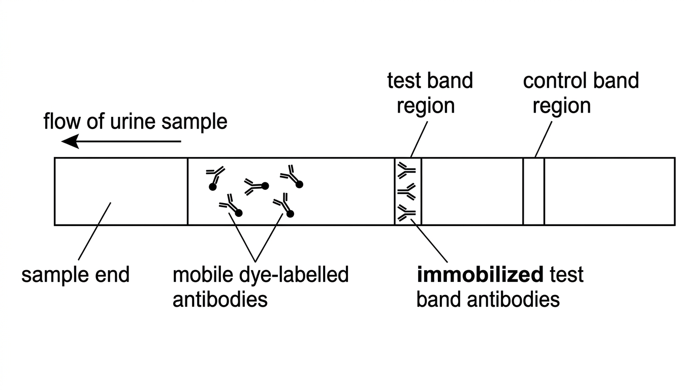 Lateral-flow pregnancy test strip showing sample end, mobile dye-labelled antibodies, immobilized test band antibodies and a separate control band region.