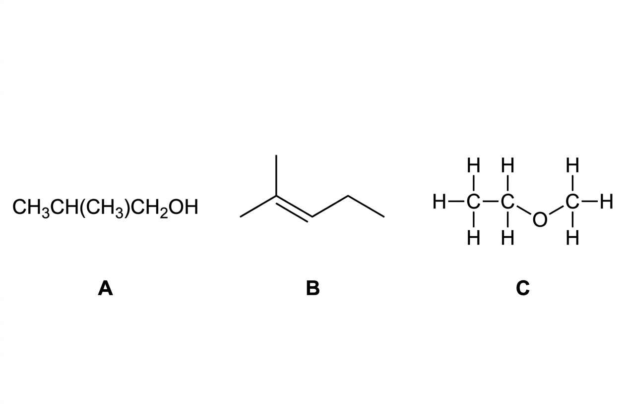 A single figure with three labelled organic representations. Compound A is a condensed structural formula showing $CH_3CH(CH_3)CH_2OH$. Compound B is a skeletal formula of a five-carbon chain with a double bond between the second and third carbons and a methyl branch on the second carbon. Compound C is a full structural formula of an ether with two carbon atoms on one side of oxygen and one carbon atom on the other side. All atoms and bonds in the full structural formula are shown explicitly, while the skeletal formula omits carbon labels and carbon-bound hydrogens.