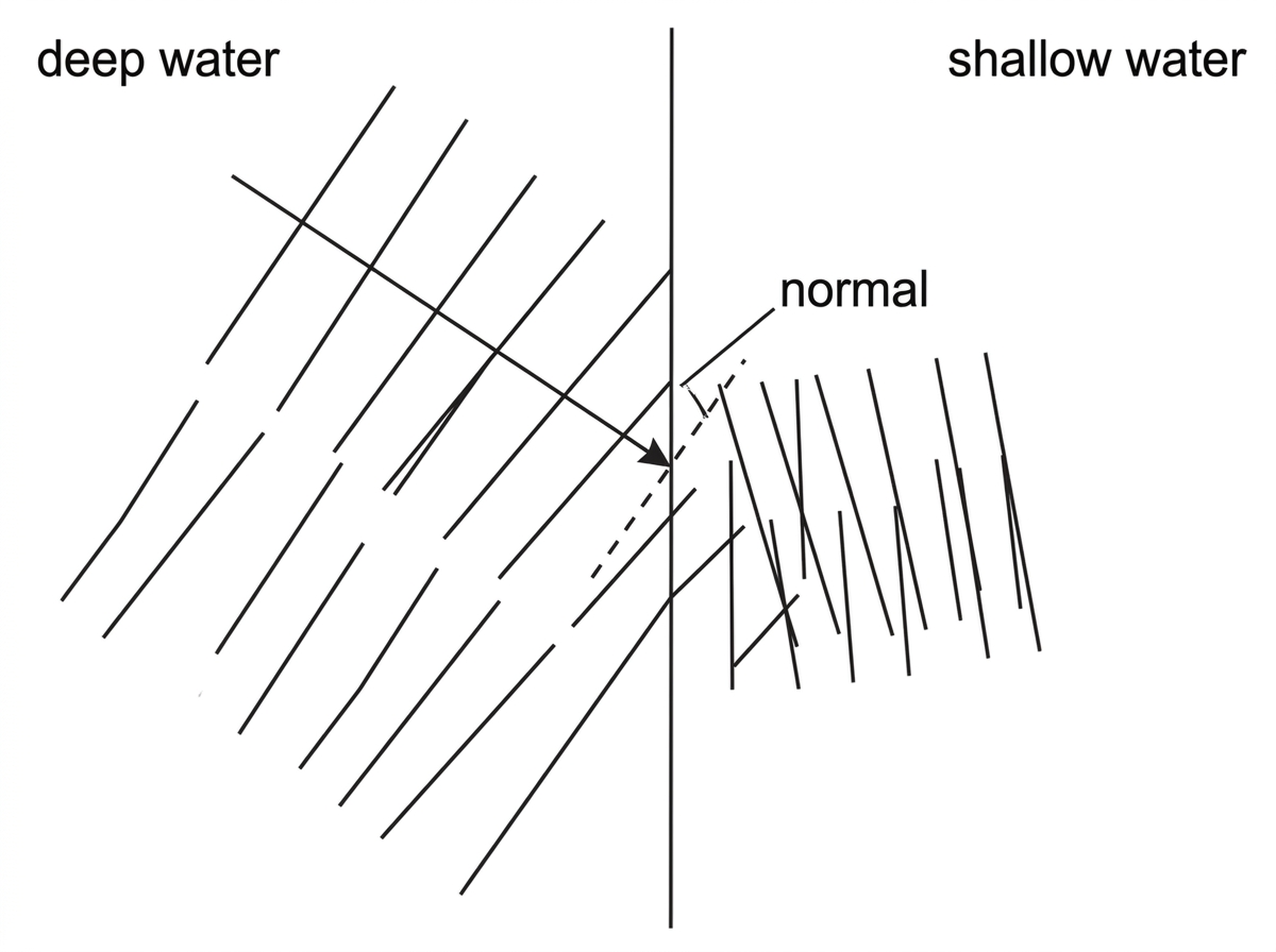 A wavefront-ray diagram with a straight boundary separating a deep-water region from a shallow-water region. Plane wavefronts approach the boundary obliquely from the deep-water side. Show an incident ray and a normal at the point of incidence that is perpendicular to the boundary, and do not show the transmitted ray or any extra diagonal dashed line.