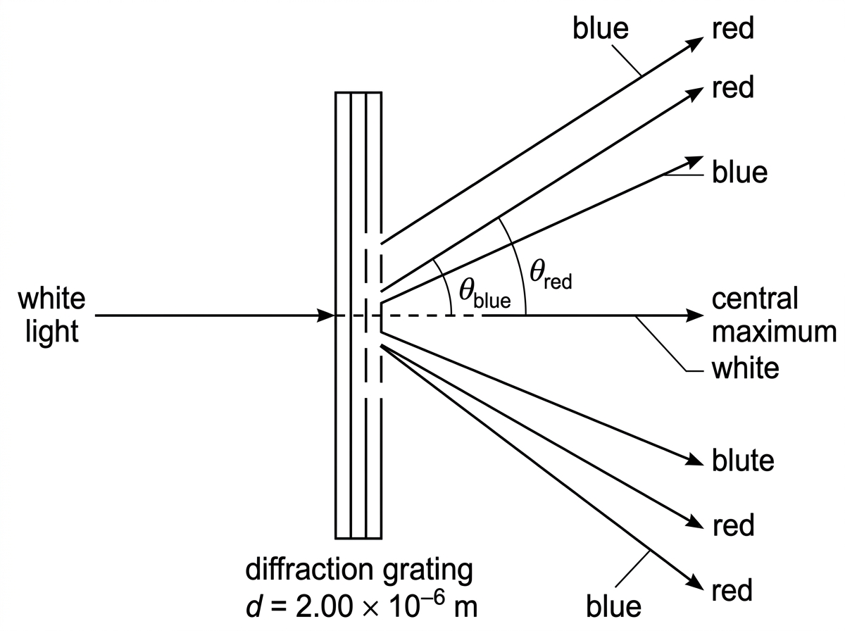 A diffraction grating diagram for white light at normal incidence showing a central white maximum and first-order spectra on both sides. Indicate that blue and red appear at different angles in each first-order spectrum, without giving angle values.