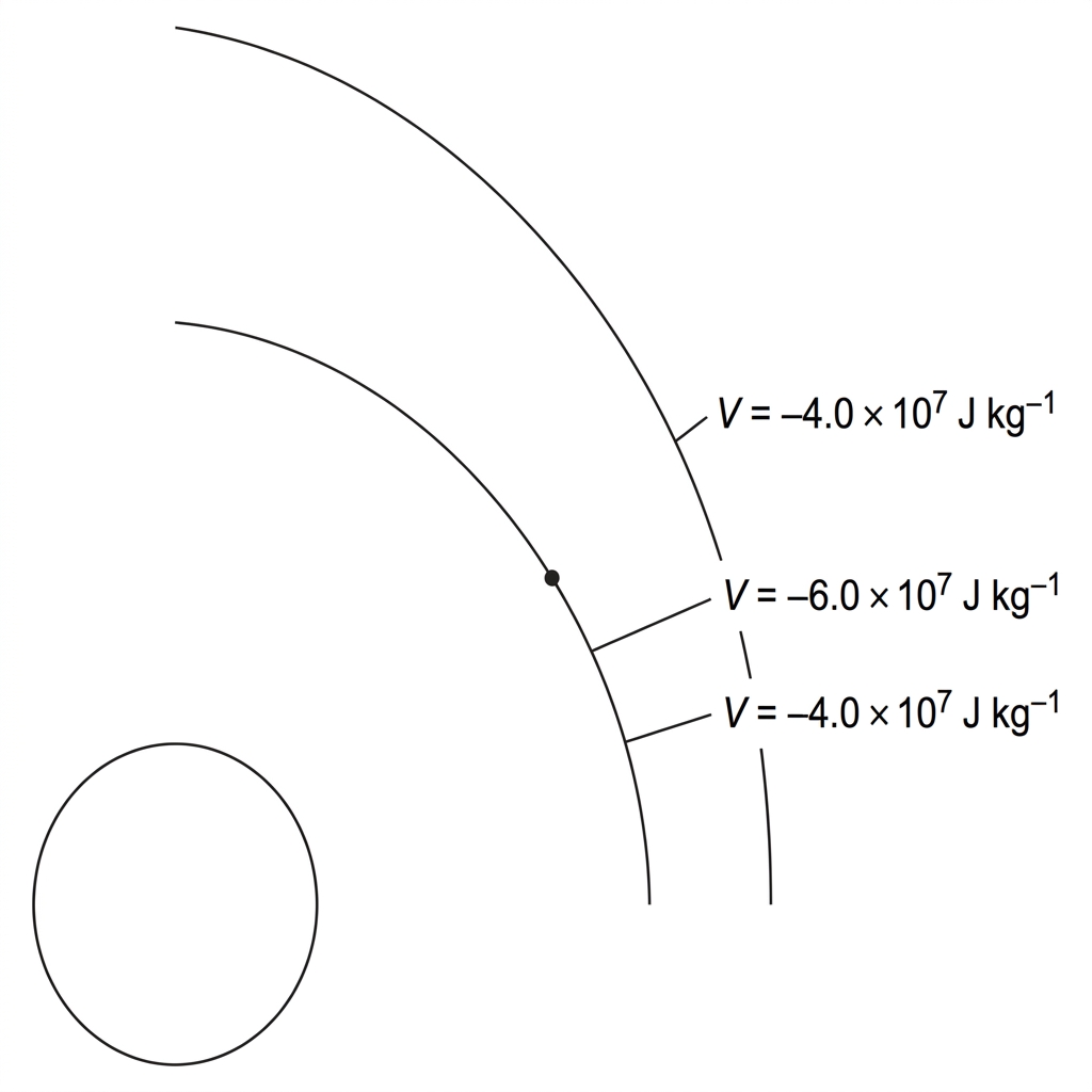 Two nearby curved equipotential surfaces around a planet, labelled with more negative potential closer to the planet and less negative potential farther out; a point is marked where a field line is to be drawn.