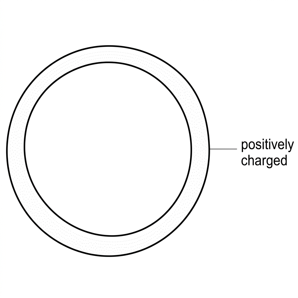 A blank cross-section of a hollow conducting sphere, shown as two concentric circles representing the outer and inner surfaces. The conducting material is lightly shaded between the circles. The sphere is labelled positively charged. No field lines or arrows are drawn.
