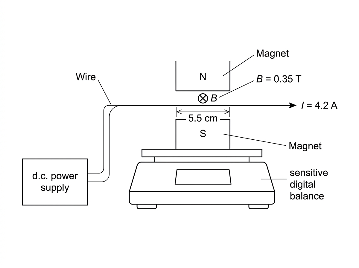 Apparatus diagram showing a straight horizontal wire segment between the poles of a magnet on a balance. No magnetic-field or current-direction arrows are shown. The balance display is shown without a numerical reading.