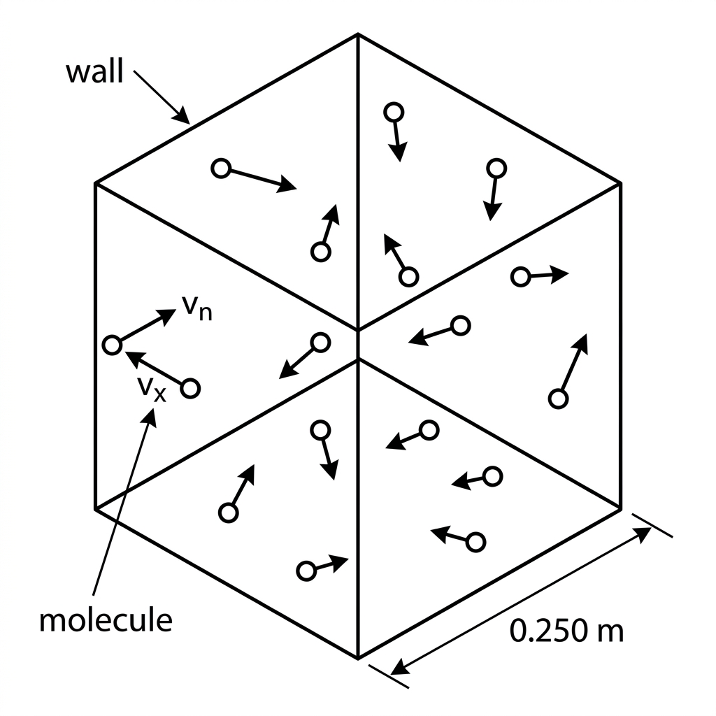 A cube containing gas molecules moving randomly. One molecule is shown approaching and rebounding from a wall, with velocity components normal to the wall indicated before and after collision. Labels should include side length, wall, molecule, and normal component of velocity.