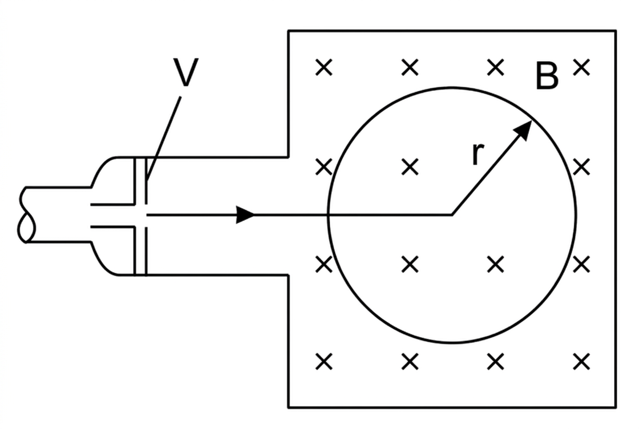 Fine-beam tube style diagram showing an electron beam accelerated between plates and then entering a uniform magnetic field perpendicular to the beam. A visible circular track is shown with its radius labelled symbolically, but no numerical values are embedded in the diagram.
