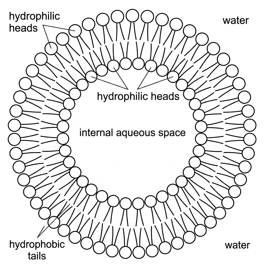Diagram of a fatty-acid vesicle in water showing a spherical bilayer, hydrophilic heads facing outward and inward, hydrophobic tails between the layers, and enclosed internal aqueous space.