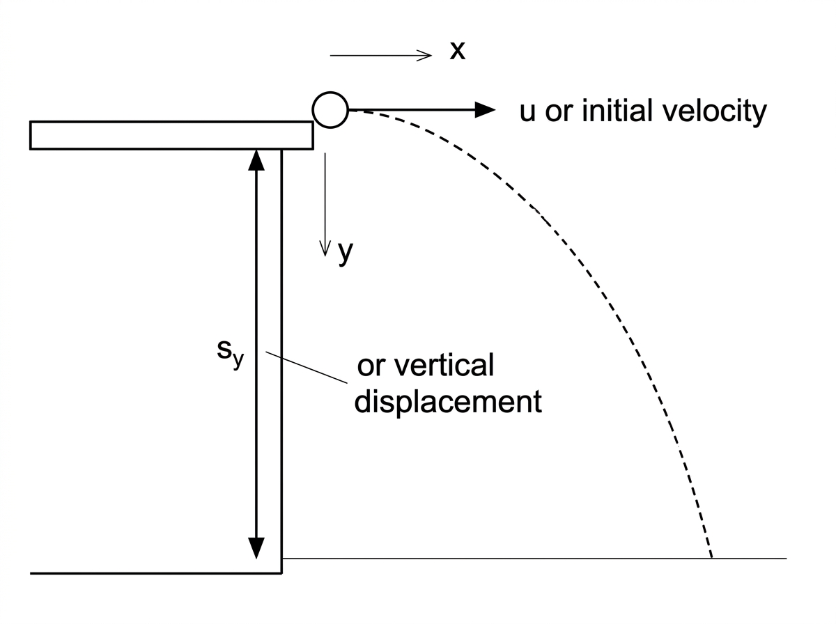 Diagram of a ball launched horizontally from a building, showing horizontal initial velocity, vertical displacement to the ground, and coordinate axes. Do not include equations or calculated values.