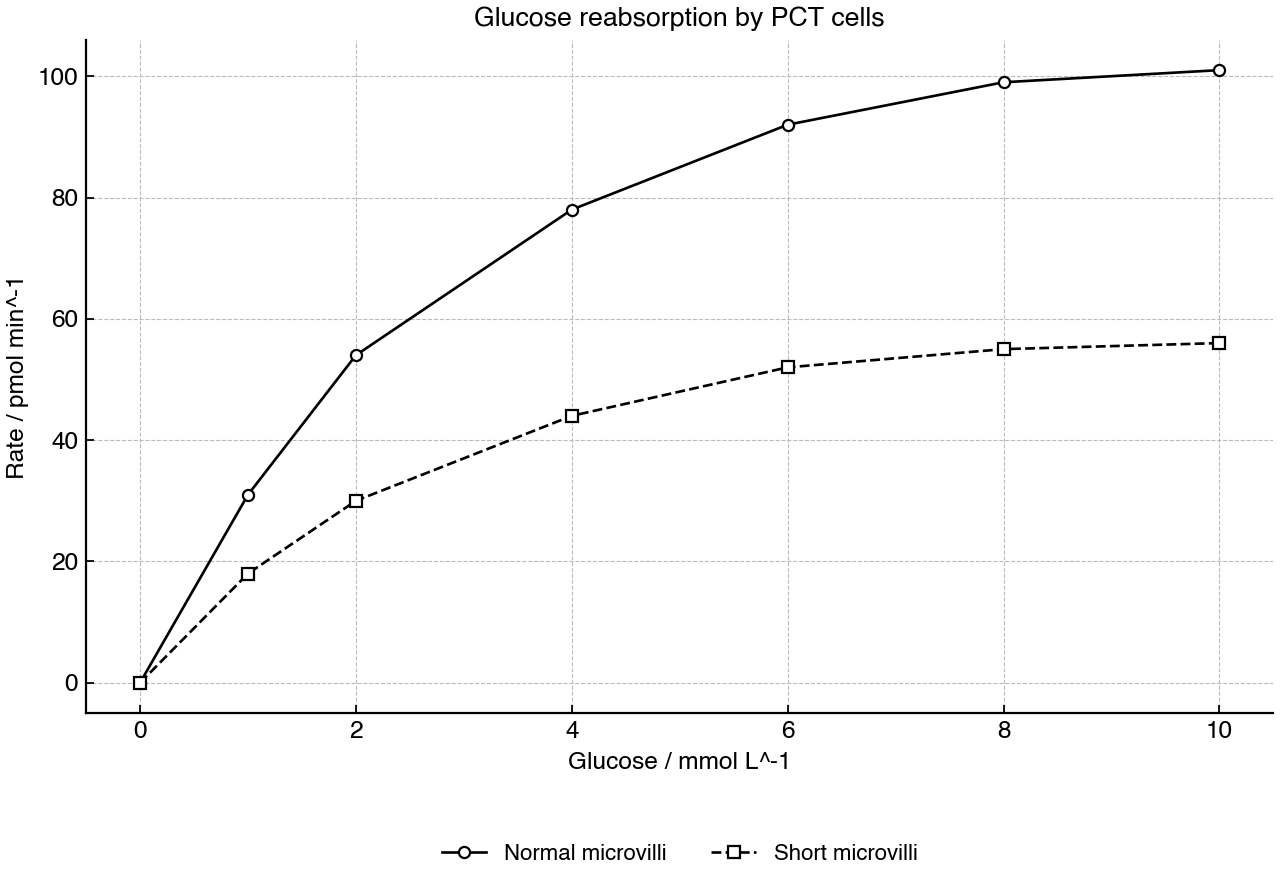 Glucose reabsorption rate by proximal tubule cells at different filtrate glucose concentrations.