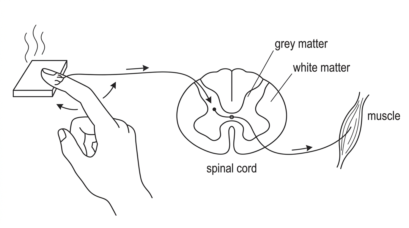 A simplified diagram of a hand near a hot object, a sensory pathway entering a transverse section of the spinal cord, and a motor pathway returning to an arm muscle. The spinal cord should show grey matter and white matter, but no labels should identify the neurons in the reflex arc.