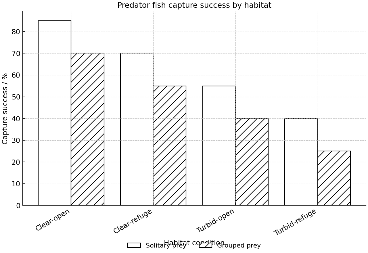 Grouped bar chart of predator fish capture success under four habitat conditions.