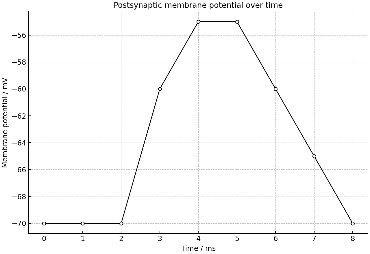Trace of postsynaptic membrane potential before and after acetylcholine release.