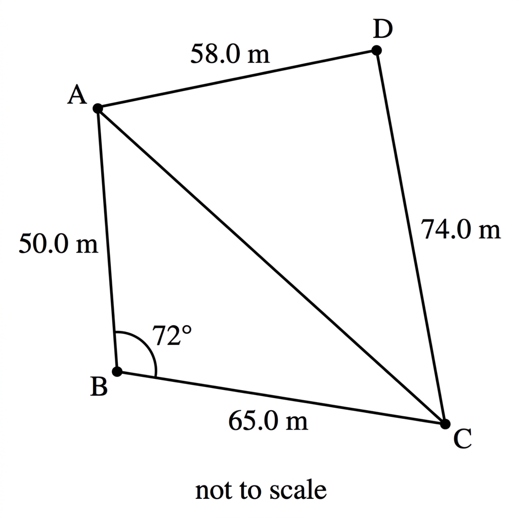 An irregular quadrilateral ABCD with diagonal AC drawn. The given side lengths and the angle at B are labelled. The diagram is explicitly not to scale.