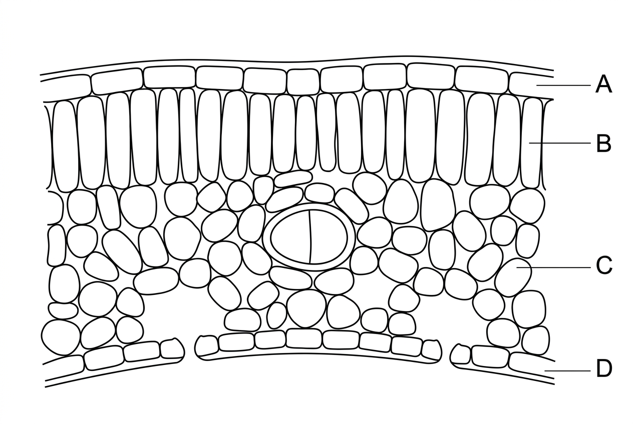A low-power transverse section of a dicotyledonous leaf showing upper and lower epidermis, palisade layer, spongy mesophyll with air spaces, and a vein; no tissue names printed on the diagram.