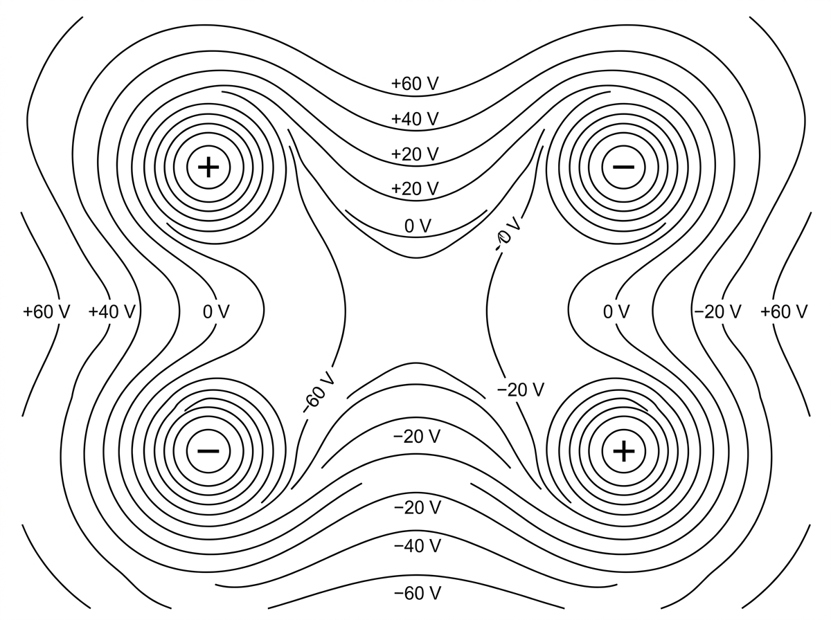 Equipotential map for a collection of four point charges with labelled potentials, showing distorted closed and open contours and at least one saddle/flat region where equipotential spacing is large.