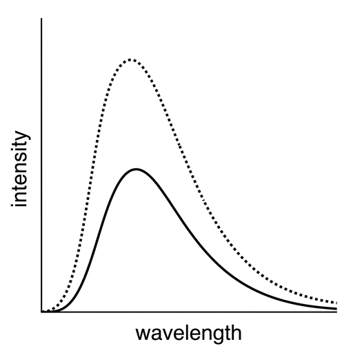 A graph with vertical axis labelled intensity and horizontal axis labelled wavelength. Include a dotted black-body spectrum curve as a reference. Draw the solid curve with its peak shifted to a shorter wavelength than the dotted curve but with a lower maximum and smaller area under the curve. Keep styling, axes and curve thickness comparable with the other options.