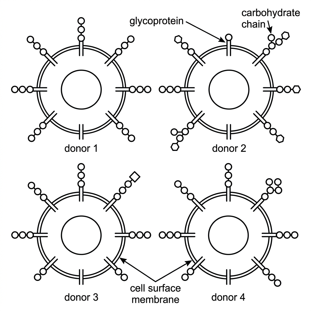 A simplified membrane diagram for four donor red blood cells labelled donor 1 to donor 4. Each cell surface shows membrane glycoproteins with short carbohydrate chains extending outward. The terminal carbohydrate patterns differ between donors to represent different ABO antigens, but the ABO blood group names are not printed on the cells.