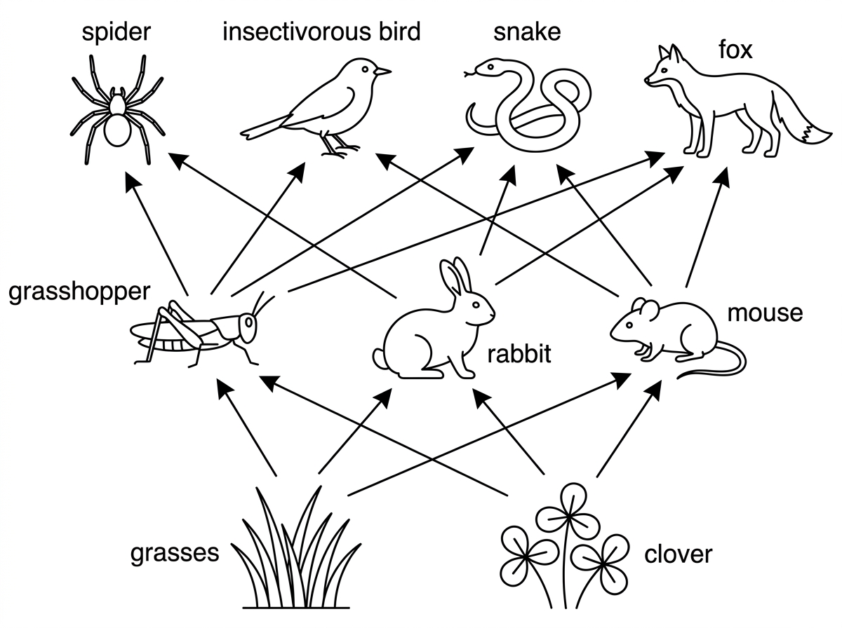 Food web diagram for a meadow. Producers such as grasses and clover are placed near the bottom. Arrows lead from producers to herbivores including grasshoppers, rabbits and seed-eating mice. Arrows lead from herbivores to predators including spiders, insectivorous birds, snakes and foxes. The mouse also feeds on insects and seeds to show omnivory. The fox feeds on rabbits, mice and birds. Labels should identify each organism clearly and arrows point from food to feeder.