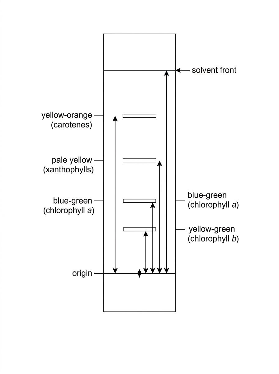 A vertical paper chromatogram with a pencil origin line near the bottom, a marked solvent front near the top and four separated pigment bands of different colours at different heights. The band colours include yellow-orange, yellow-green, blue-green and pale yellow. Distances from the origin to the bands and to the solvent front are indicated with measurement brackets but exact values are not listed here.